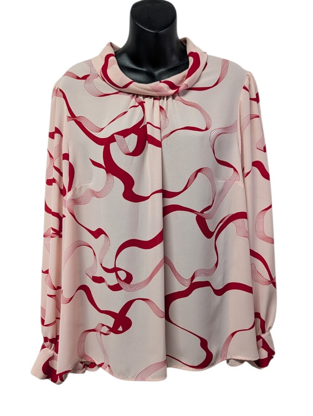 Liz Claiborne Womens 0X Plus Pink Red Abstract Tie Neck Long Sleeve Blouse